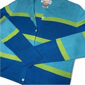Lightweight Vintage Striped Silk Cardigan Victoria Holley Sz 14 Blue Lime Summer
